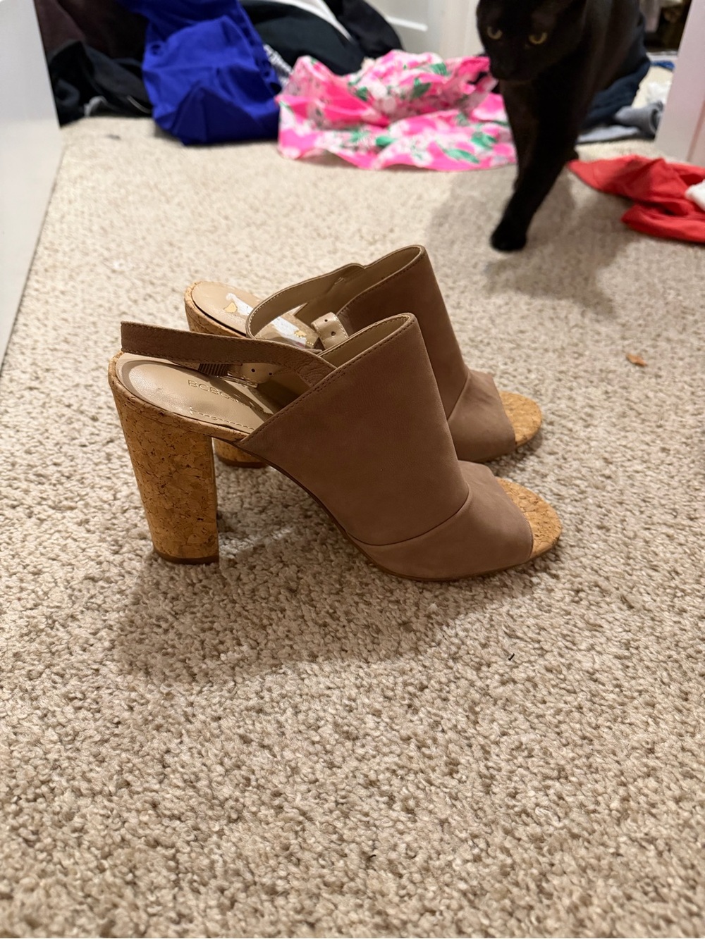 BCBGeneration Taupe Suede Cork Block Heel Slingback Mules